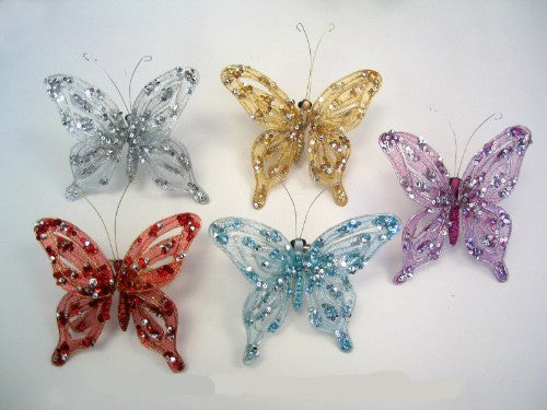 4" metallic red glitter butterfly ornament with feather details, perfect for decor and crafts, adding enchantment to any setting.