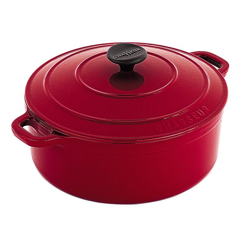 Chasseur Round French Oven in Federation Red, 24cm, durable cast iron, double-enameled, versatile, eco-friendly cookware.