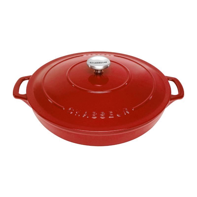 Vibrant Federation Red cast-iron casserole with 30cm capacity, perfect for versatile cooking and serving.