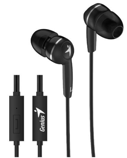 Genius HS-M320 in-ear headphones with mic, featuring crisp stereo sound, 10mm driver, and lightweight comfort for all-day use.