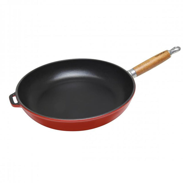 Vibrant red 28cm CHASSEUR cast iron fry pan, known for excellent heat retention, durability, and unique artisan craftsmanship.