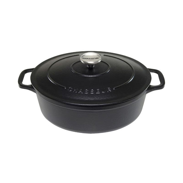 CHASSEUR 27cm Matte Black Oval French Oven, ideal for slow cooking, with self-basting lid for tender, flavorful meals.