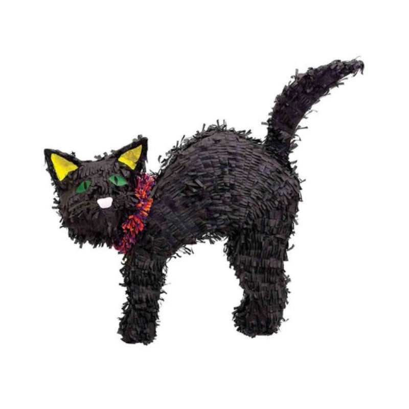 Black Cat pull string piñata, perfect for Halloween and cat-themed parties, offering safe, fun interaction for guests.