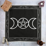 Triple Moon Altar Cloth featuring a pentagram design, white border, perfect for spiritual rituals and home decor.