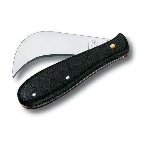 Victorinox grafting knife with 120mm curved blade and ergonomic black nylon handle, ideal for precise gardening tasks.