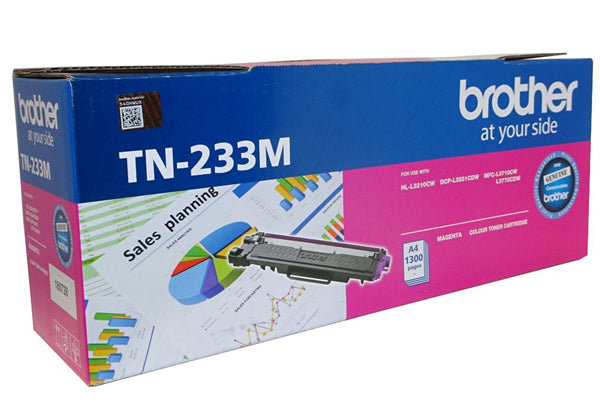 Brother TN-233M Magenta Toner Cartridge for vivid prints, yielding up to 1,300 pages, compatible with various Brother printers.