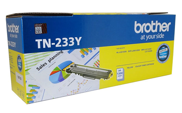 Brother TN-233Y Yellow Toner Cartridge for vibrant, crisp prints, yielding up to 1,300 pages, compatible with various Brother printers.