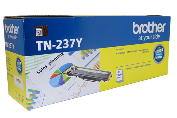 Brother TN-237Y Yellow Toner Cartridge for vivid, high-quality prints; yields up to 2,300 pages, compatible with various models.