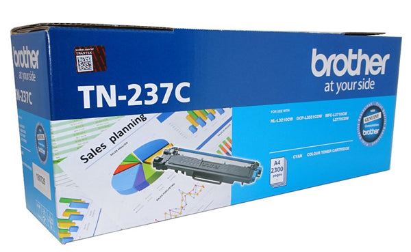 Brother TN-237C cyan toner cartridge for vibrant, crisp prints, compatible with multiple Brother laser printers.