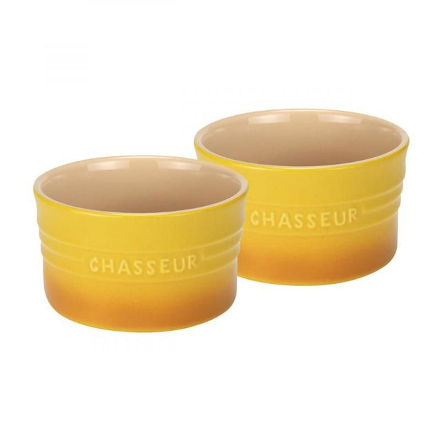 Bright yellow 2-piece ramekin set for baking and serving, safe for oven, microwave, and dishwasher use.