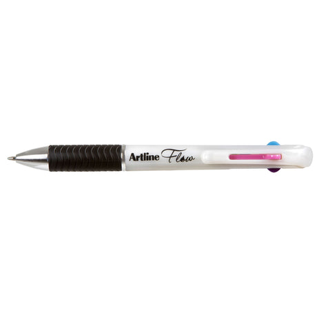 Box of 12 ARTLINE FLOW 4C pens in pearl white, featuring vibrant 4-colour gel ink and a comfortable rubber grip.