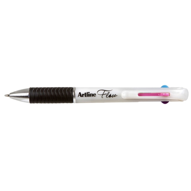 Box of 12 ARTLINE FLOW 4C pens in pearl white, featuring vibrant 4-colour gel ink and a comfortable rubber grip.