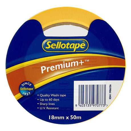 Sellotape Washi Premium+ Mask tape, 18mm x 50m, UV-resistant for precise lines and perfect for crafts or decor.