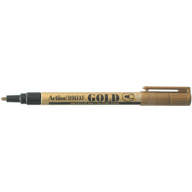 12 gold metallic permanent markers with 1.2mm bullet nib, ideal for crafting, marking, and lasting applications on any surface.