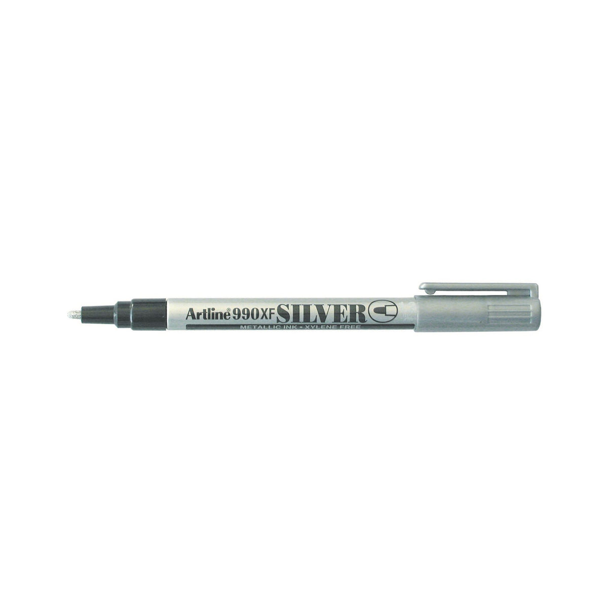 Artline 990 Metallic Permanent Marker with 1.2mm bullet nib in silver, featuring fade-proof, fast-drying ink for vibrant, durable designs.