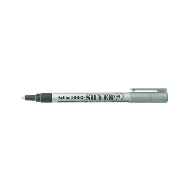 Artline 990 Metallic Permanent Marker with 1.2mm bullet nib in silver, featuring fade-proof, fast-drying ink for vibrant, durable designs.