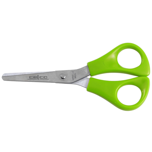 Left-handed scissors with stainless steel blades and ergonomic green handles, ideal for crafting and classroom use. Pack of 12.