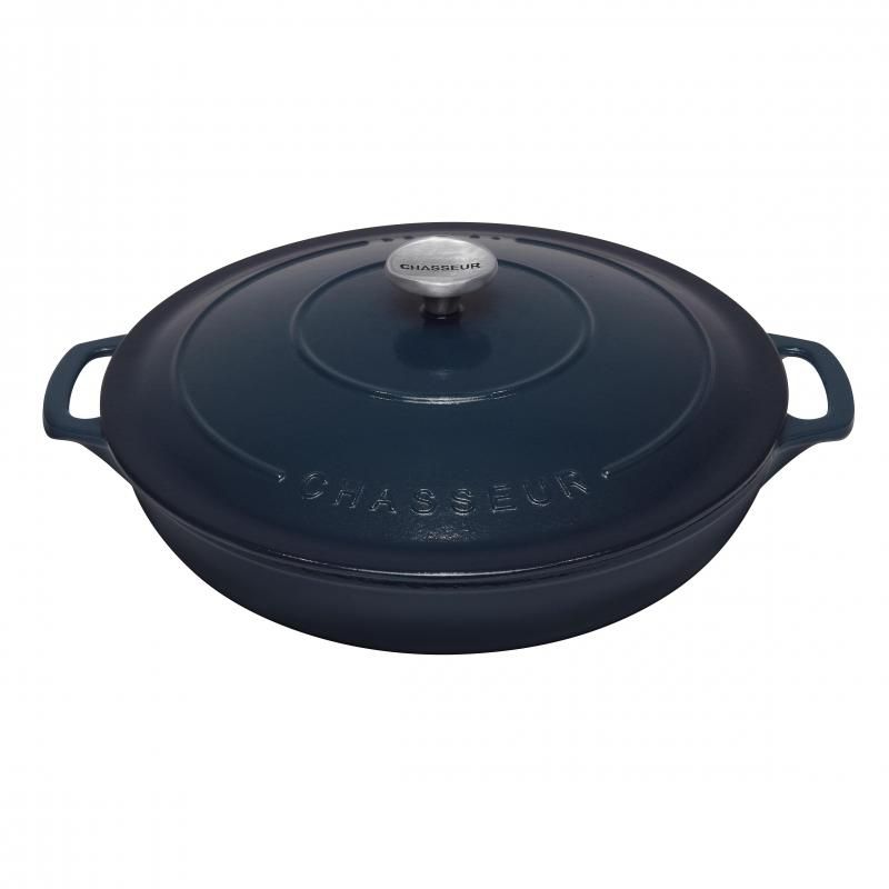 Chasseur Liquorice Blue Round Low Casserole Dish, 30cm, cast iron with elegant design for gourmet cooking and heat retention.