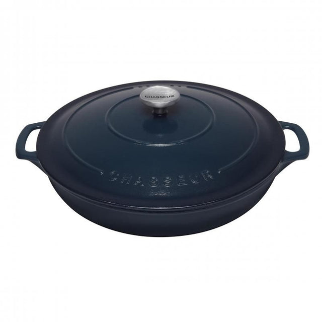 Chasseur Liquorice Blue Round Low Casserole Dish, 30cm, cast iron with elegant design for gourmet cooking and heat retention.