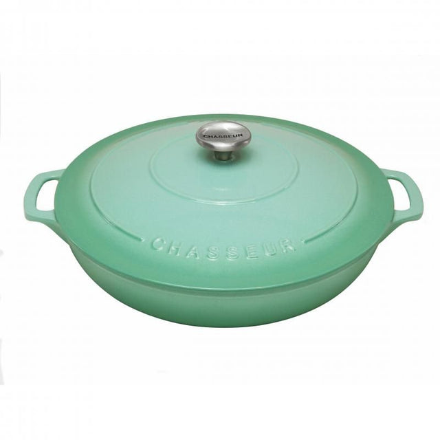 Chasseur Round Low Casserole Dish 30cm in Peppermint, a stylish cast iron cookware for gourmet meals and vibrant kitchen decor.