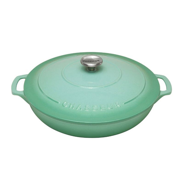 Peppermint-colored CHASSEUR Low Round Casserole, 30cm, 2.5L, ideal for versatile cooking and elegant presentation.