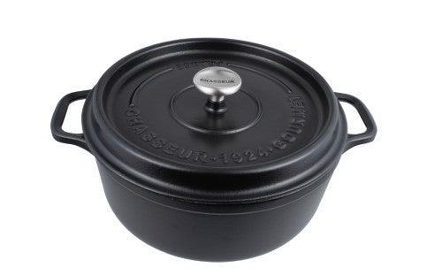 Satin Black 24cm Chasseur Gourmet French Oven, a durable, stylish cast iron cookware for exquisite stews and casseroles.