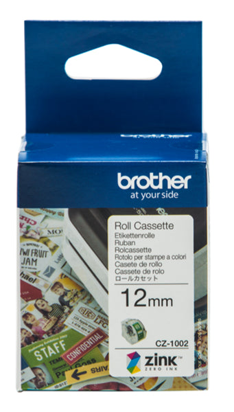 Brother CZ-1002 12mm Printable Roll Cassette for vibrant, ink-free labels; perfect for organization and craft projects.