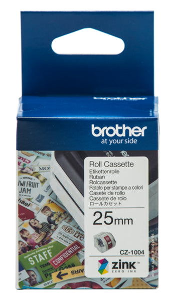 Brother CZ-1004 25mm Printable Roll Cassette for vibrant, full-color labels; 5m long, ZINK® technology, perfect for home and office use.