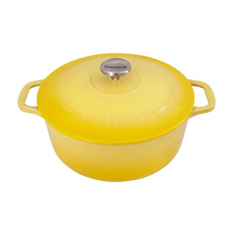 Chasseur Round French Oven 24cm in Lemon Yellow, ideal for slow-cooking and stylish table serving, made of double-enamelled cast iron.