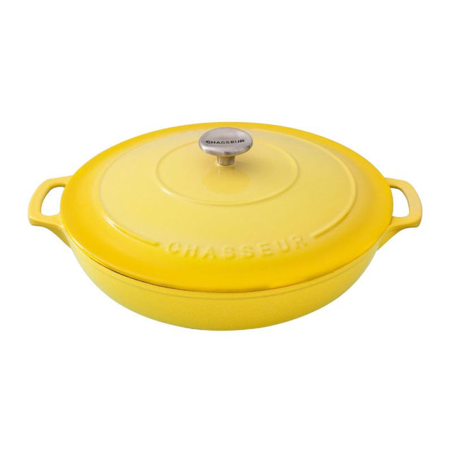 Vibrant Lemon Yellow cast-iron 30cm casserole with self-basting lid, ideal for versatile cooking and elegant serving.