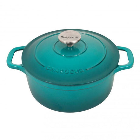 Chasseur Round French Oven in Mediterranean Blue, 26cm enameled cast iron, perfect for slow cooking and elegant dining.