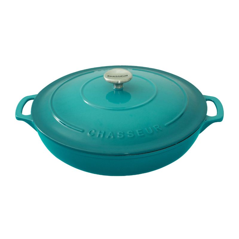 Mediterranean Blue cast iron casserole, 30cm, 2.5L, ideal for savory dishes and desserts, featuring self-basting lid for moisture retention.