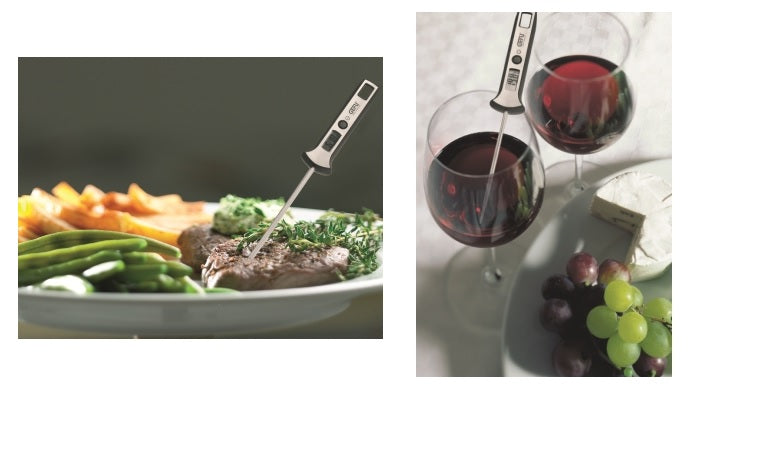 Digital thermometer by GEFU with LCD display for quick and accurate temperature readings, ideal for cooking and wine pairing.