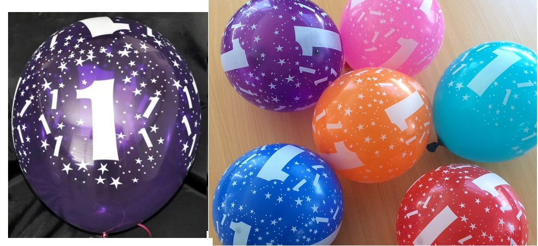 Colorful assorted 1st Printed Balloons, 30cm, helium-grade, perfect for vibrant celebrations and festive decorations.