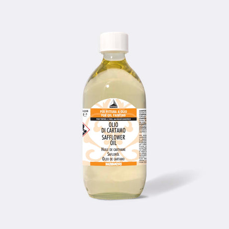 Maimeri Safflower Oil 500ml in a glass bottle, enhancing oil paint flow and vibrancy for smooth, creative artwork.