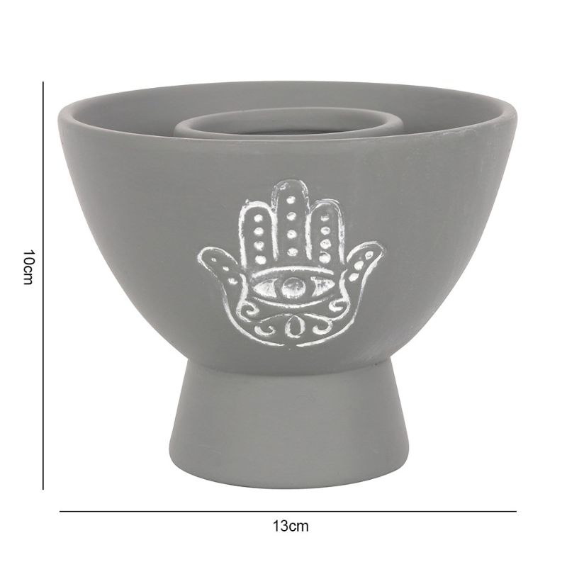 Hamsa Grey Terracotta Smudge Bowl showcasing a protective Hamsa design, perfect for burning herbs and enhancing spiritual practices.