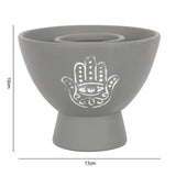 Hamsa Grey Terracotta Smudge Bowl showcasing a protective Hamsa design, perfect for burning herbs and enhancing spiritual practices.