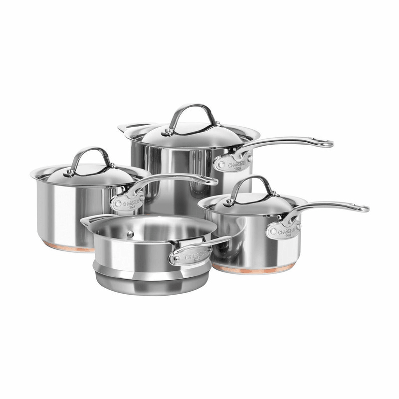 Chasseur Le Cuivre 4-Piece Saucepans Set featuring copper construction, ergonomic handles, and domed lids for gourmet cooking.