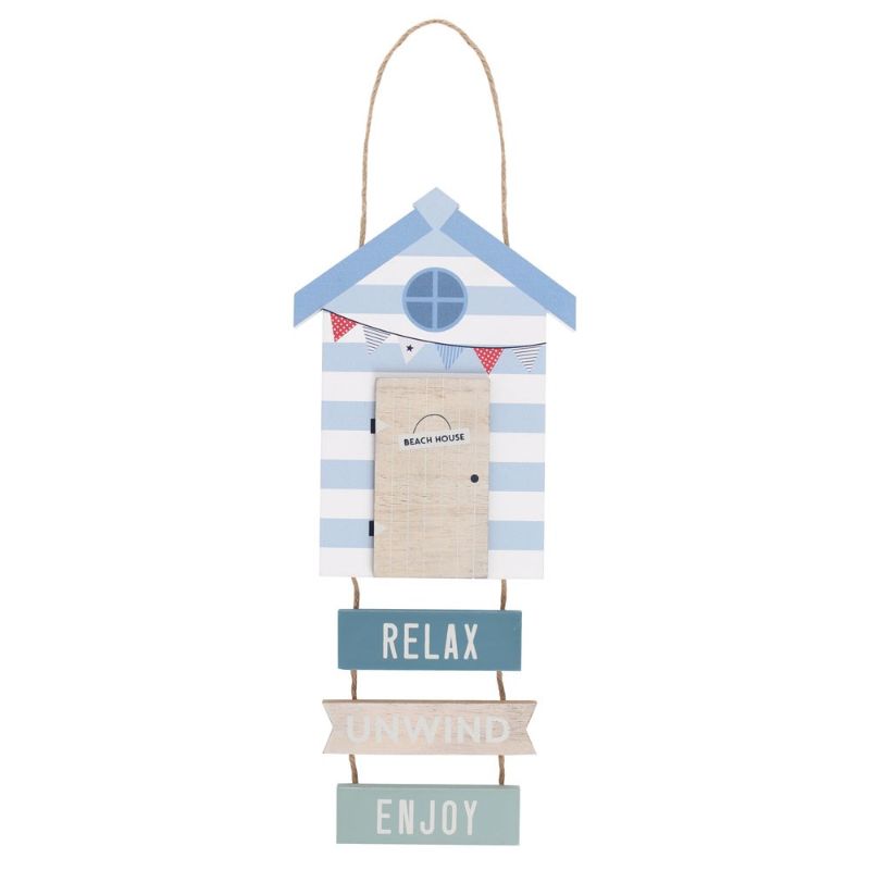 Beach hut-shaped MDF sign with the words 'Relax', 'Unwind', and 'Enjoy', perfect for coastal-themed decor.