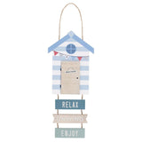 Beach hut-shaped MDF sign with the words 'Relax', 'Unwind', and 'Enjoy', perfect for coastal-themed decor.