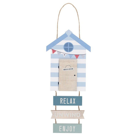 Beach hut-shaped MDF sign with the words 'Relax', 'Unwind', and 'Enjoy', perfect for coastal-themed decor.