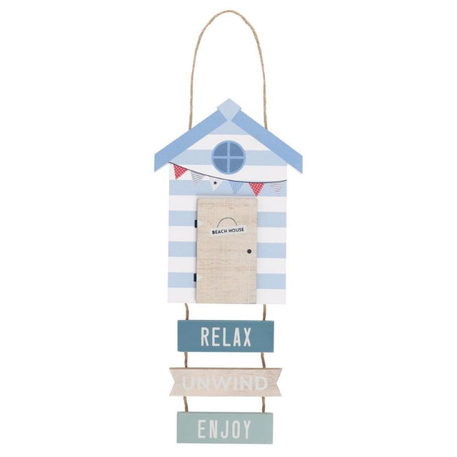 Beach hut-shaped MDF sign with the words 'Relax', 'Unwind', and 'Enjoy', perfect for coastal-themed decor.