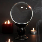 Clear 130mm crystal ball on a sturdy wooden stand, perfect for fortune telling and elegant home decor.