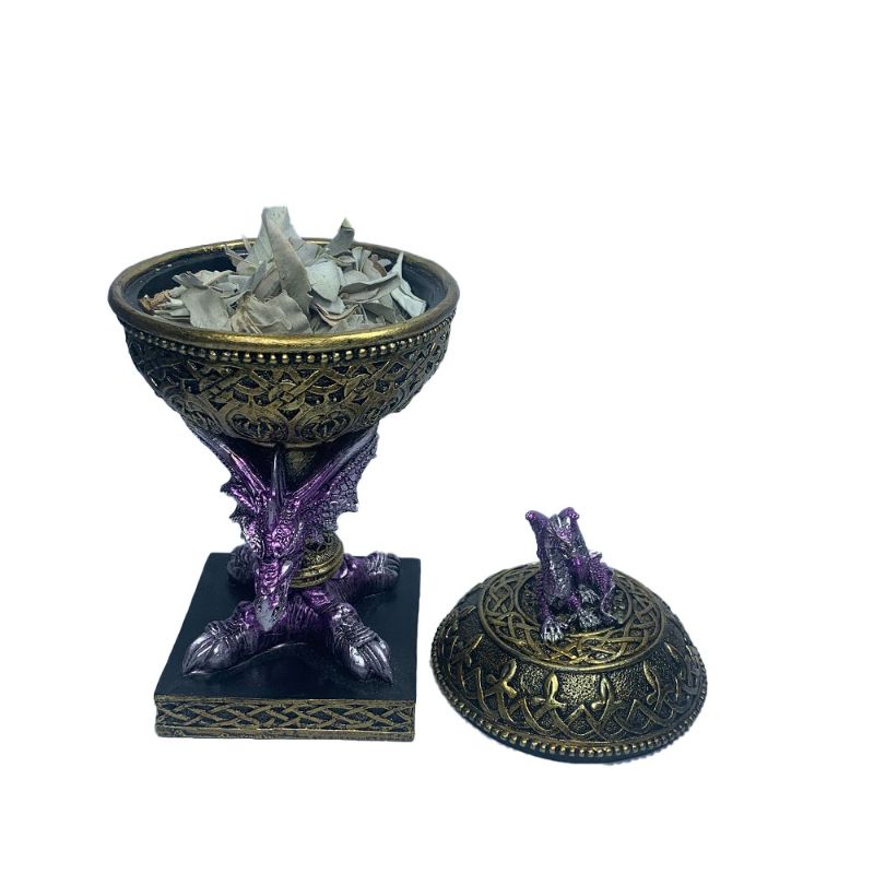 Detailed purple dragon trinket box, ideal for storing crystals and small treasures with a whimsical design.