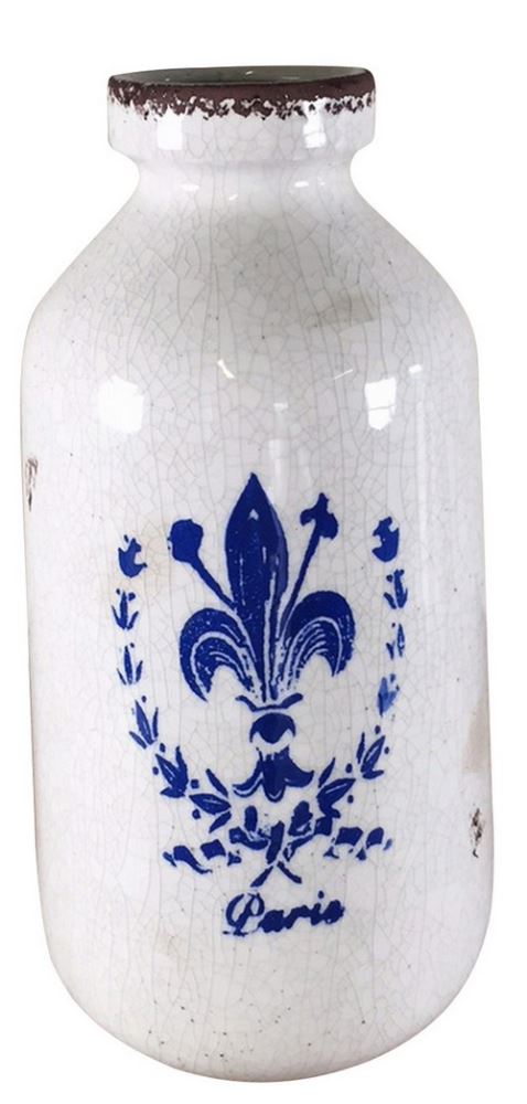 White ceramic ornament with blue Fleur De Lys design, featuring a unique crackle finish, 19 x 19 x 40.5 cm.