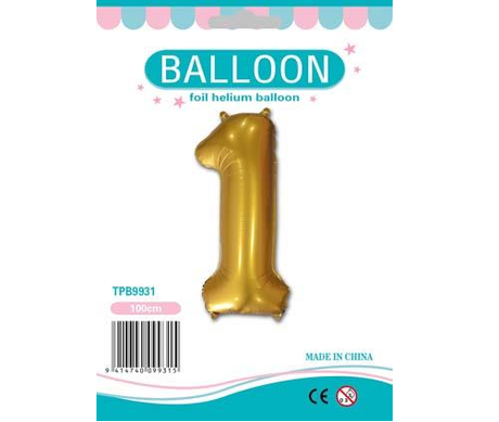 Gold foil number "1" balloons, set of 6, ideal for celebrations and events, ready to fill with helium.