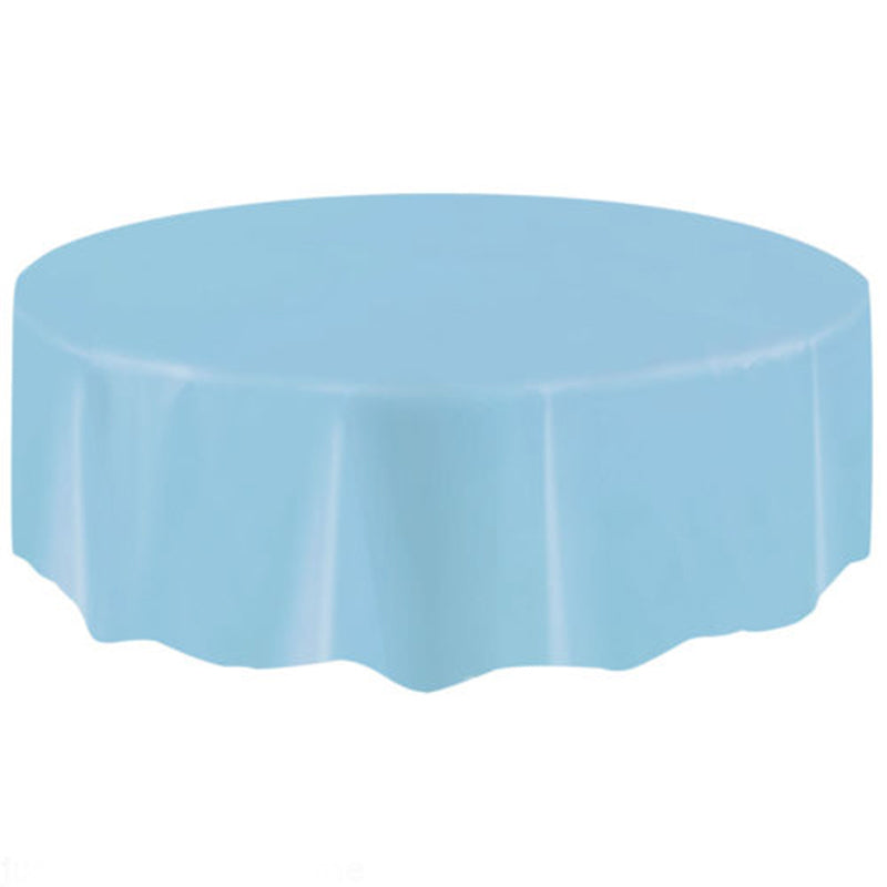 Light blue round table cover, 84 inches, perfect for elegant events and easy cleanup, ideal for indoor and outdoor use.