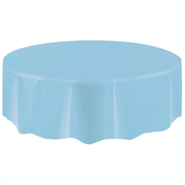 Light blue round table cover, 84 inches, perfect for elegant events and easy cleanup, ideal for indoor and outdoor use.