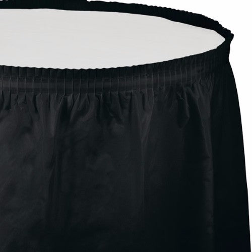 Elegant black velvet table skirt with adhesive backing, perfect for weddings and events, measuring 74cm x 4.26m.