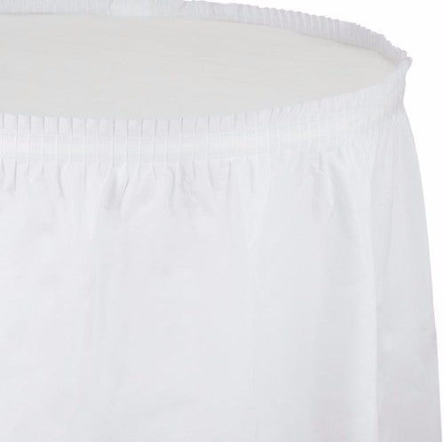 White plastic table skirt, 74cm x 4.26m, with adhesive backing; ideal for elegant event decor and easy setup.